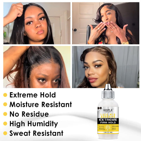 Women applying Waterproof Lace Front Wig Glue For A Strong Clear Bond That Delivers Invisible Hold On Hair Replacement For A Natural Look Water Based Adhesive 1.28 Fl Oz