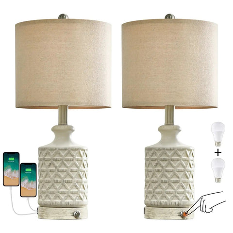 20 Inch Set Of 2 Cozy Farmhouse Ceramic Table Lamps With 3 Way Dimmable Touch Control White Nightstand Lamps For Bedroom And Living Room End Table Bedside Lighting