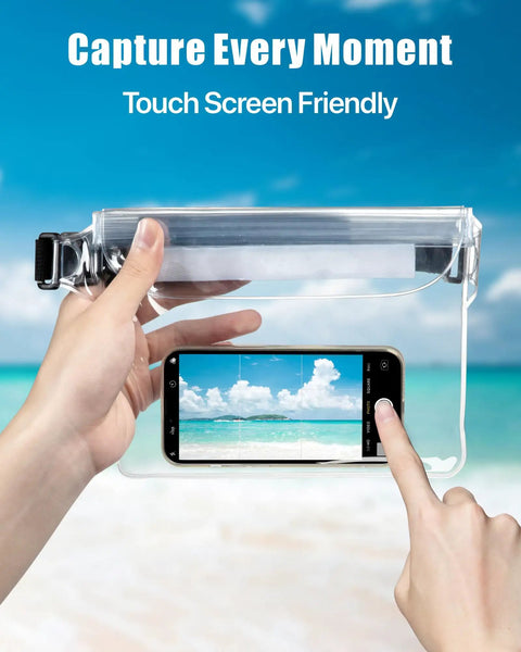 Person using Waterproof Fanny Pack Pouch For Beach And Cruise Trips With Roll Top Closure And Zippers with phone inside on beach.
