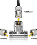 UHF Male To Dual UHF Female 3 Way Pro Grade Splitter Coax Adapter PL259 To SO239, T Shape Coax Cable Connector setup