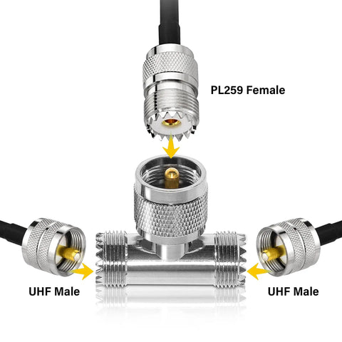 UHF Male To Dual UHF Female 3 Way Pro Grade Splitter Coax Adapter PL259 To SO239, T Shape Coax Cable Connector setup