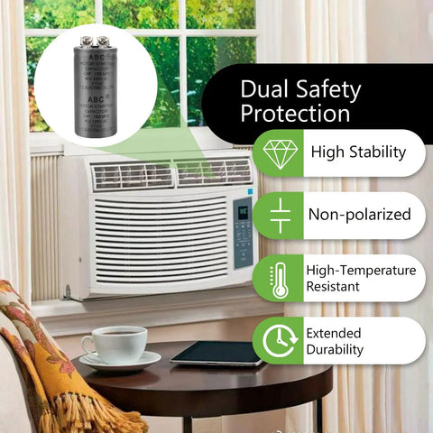 Reliable 150MFD 125VAC CD60 Motor Start Run AC Capacitor next to air conditioner with safety features listed.