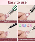 4 Piece Cat Eye Nail Magnet Set Green Dual Ended Magnetic Tools With Round Bead And Heart Magnets in use on nails