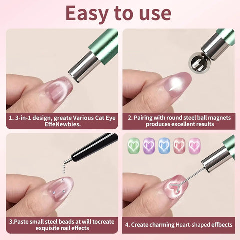 4 Piece Cat Eye Nail Magnet Set Green Dual Ended Magnetic Tools With Round Bead And Heart Magnets in use on nails