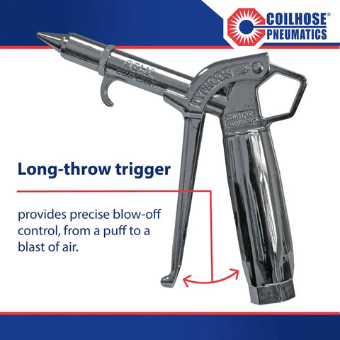 Typhoon Pro High Volume Blow Gun 1/4 Inch NPT with high flow tip, close-up side view showing long-throw trigger for precise control.