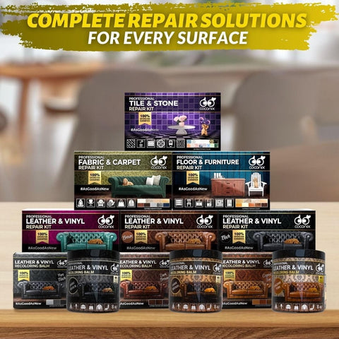Assorted repair kits including Fabric And Carpet Repair Kit For Tears, Holes, And Burns Easy DIY Patch For Upholstery, Rugs, And Clothing.