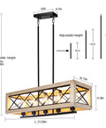 Farmhouse Style Metal Kitchen Island Light Fixture With Wood Frame Pendant Lights Height Adjustable Hanging Chandelier Five Light Iron Linear Chandelier For Dining Room E26 Base Matte Black Finish