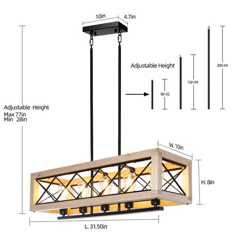 Farmhouse Style Metal Kitchen Island Light Fixture With Wood Frame Pendant Lights Height Adjustable Hanging Chandelier Five Light Iron Linear Chandelier For Dining Room E26 Base Matte Black Finish