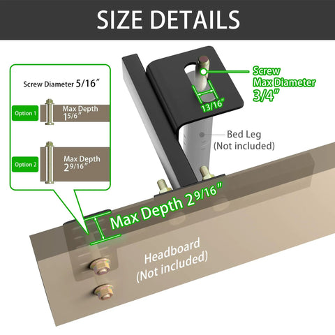 Size details of Built Tough Adjustable Headboard Brackets For Metal Bed Frame With Heavy Duty Footboard Extension Bolts.