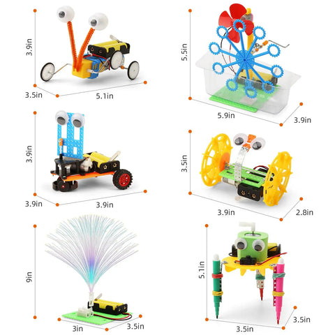 Image of Interactive Robot Building Kit for Kids Ages 8-12, Hands-On STEM Toys with six colorful robot modules and dimensions.