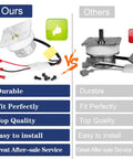 Comparison of auger feed motors for fireplaces showing ours vs others with durability ratings and components