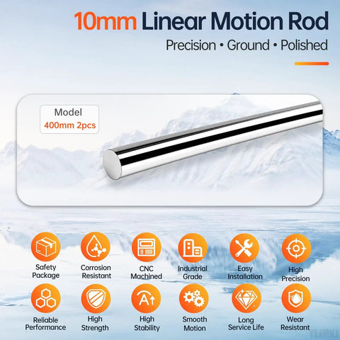 Two 10mm By 400mm Linear Motion Rods Shaft Guide Rail System For Smooth Precision Movement With High Grade C45 Carbon Steel Build For Heavy Duty CNC And DIY Projects That Will Crush It All in polished chrome finish.