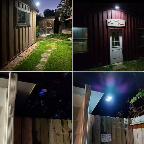 2 Pack Solar Flood Lights With Remote Outdoor Motion Sensor 138 LEDs illuminating barn, yard path, and fence at night.