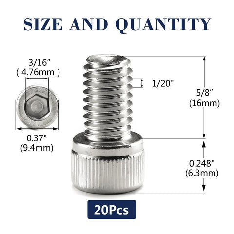 Top Grade 1/4-20 X 5/8 Inch Socket Head Cap Screws Knuckle Busting 304 Stainless Steel Hex Bolts With Full Threads, size and specs shown.