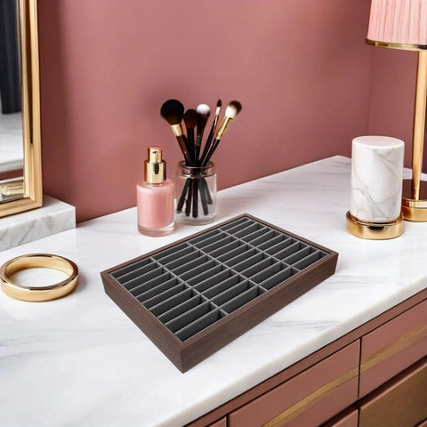 Premium Wooden Jewelry Tray Featuring Forty Smooth Compartments And Plush Velvet Insert For Classic Bracelet And Bangle Display Stand Plus Reliable Countertop Organizer That Straight Up Hits Different on vanity.