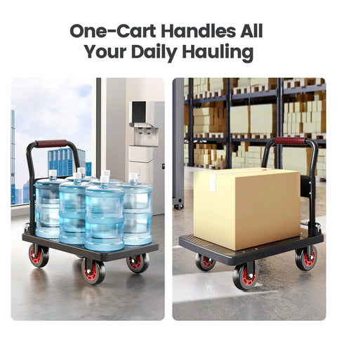Beefed Up Foldable Push Cart Dolly With 800 Lbs Capacity Moving Platform Hand Truck carrying water jugs and a box