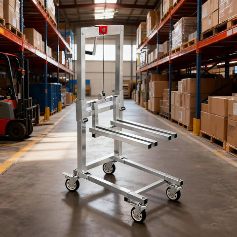 Compact Hand Crank Pallet Lifter With Foldable Steel Frame Portable 60 Kg Load Capacity 17 To 85 Cm Lift Height in warehouse