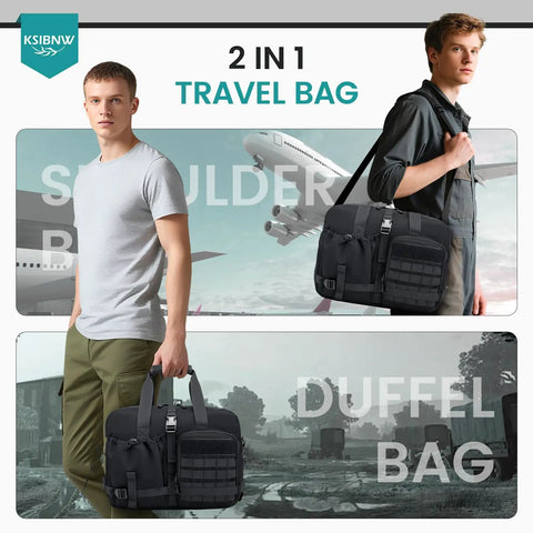 Men holding Go To Under Seat Travel Duffel Bag With Laptop Pocket 16x12x6 Inch Waterproof Oxford Gear Tactical Messenger Style
