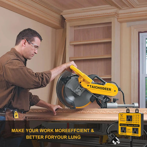 Man using Taichodeer miter saw with Stop Babysitting Your Shop Vac Automatic Vacuum Switch For Dust Collectors Triggers On With Power Tools.