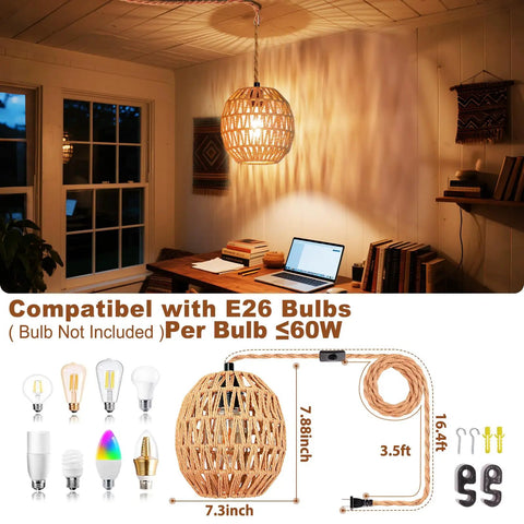 Handcrafted Rattan Pendant Light With Extended Plug In Cord and Simple Toggle Switch brings chill weekend vibes, features 7.88 inch egg shade.