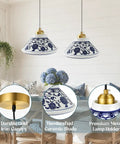 SIMEESO Ceramic Pendant Light,Chinese Blue and White Porcelain Pendant Lamp with handcrafted ceramic shade and gold accents.