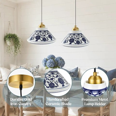 SIMEESO Ceramic Pendant Light,Chinese Blue and White Porcelain Pendant Lamp with handcrafted ceramic shade and gold accents.