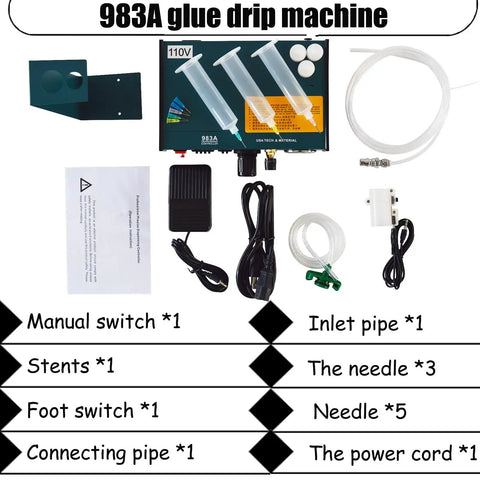 Components of 110V Semi Automatic Glue Dispenser with Digital Display and 983A Intelligent Control for precise dispensing