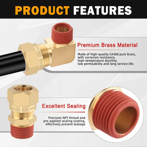 Product features displaying Five Pack Air Brake Nylon Tubing Brass Union Fittings Three Eighths Inch Tube Outside Diameter To One Fourth Inch NPT Thread Straight Compression Fittings For Nylon Hose DOT Approved For Truck Trailers.