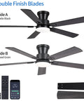 52 Inch Low Profile Ceiling Fan In Matte Black Rolls Silently On A Premium Dc Motor Featuring Easy Peasy App Remote Setup with reversible Wood Grain blades.