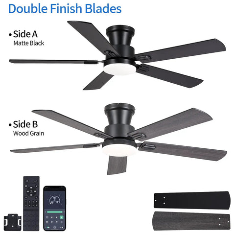 52 Inch Low Profile Ceiling Fan In Matte Black Rolls Silently On A Premium Dc Motor Featuring Easy Peasy App Remote Setup with reversible Wood Grain blades.