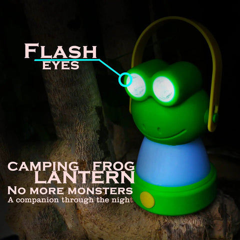 Frog-shaped kids camping lantern with LED eyes glowing in the dark, "Owl Themed Kid Friendly LED Lantern And Headlamp Set Battery Powered"