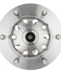 Badass Durable Front Wheel Bearing And Hub Assembly Direct Oem Grade Fitment Replacement For 2015 To 2018 Ford Transit 250 350 Hd close-up view of front wheel hub with machined finish and bolt holes.