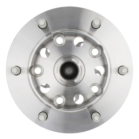 Badass Durable Front Wheel Bearing And Hub Assembly Direct Oem Grade Fitment Replacement For 2015 To 2018 Ford Transit 250 350 Hd close-up view of front wheel hub with machined finish and bolt holes.