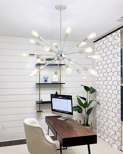 Sputnik Chandelier Light Fixture With Chrome Finish in modern office with multiple aluminum arms and ambient lighting