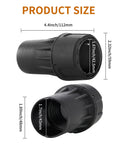 Top Shelf Universal Quick Connect Adapter for DeWalt Dust Extractors showing product size, 4.4 inches long, black ABS material.