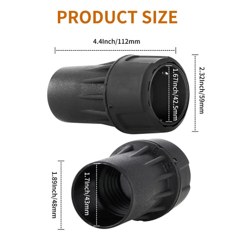 Top Shelf Universal Quick Connect Adapter for DeWalt Dust Extractors showing product size, 4.4 inches long, black ABS material.