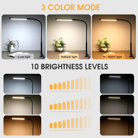 Clip On LED Desk Lamp With Dimmable 3 Color Modes And 10 Brightness Levels For Home Office Flexible Gooseneck Task Light With USB Adapter Eye Caring Illumination For Reading Studying And Work Black showing three lighting modes and brightness variations