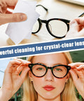 Eyeglasses lens wipes; top shows hand wiping lenses with a white wipe, bottom shows a woman in black glasses.