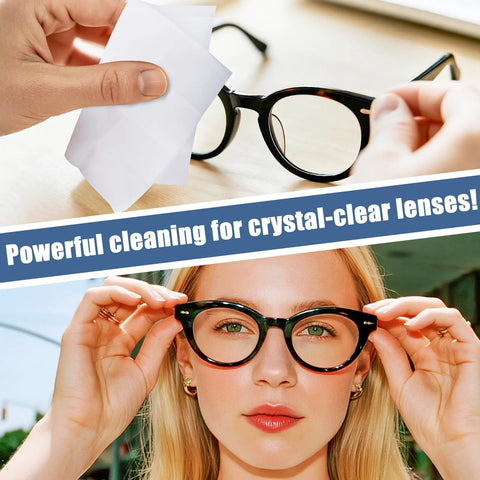 Eyeglasses lens wipes; top shows hand wiping lenses with a white wipe, bottom shows a woman in black glasses.