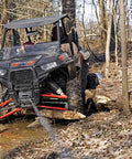 Polaris RZR XP 1000 with Heavy Duty Winch Mounting Plate For Polaris RZR XP 1000 2014 Through 2022 Black Steel Construction Built For Off Road Recovery Easy Install Rock Solid Durability For Mud Trails And Rocks on rough forest terrain.