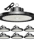 UFO LED High Bay Lights 200W 30000 Lumens 5000K Six Pack With Plug for warehouse, workshop, factory, gym, garage, barn.