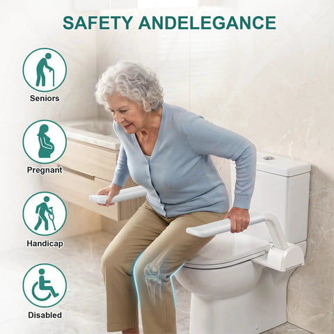 Rock Solid White Toilet Safety Rails With Heavy Duty Non Slip Handles For Seniors And Mobility Aid Bathroom Assist Support Grab Bar Easy Wipe Anti Tip Design in use by an elderly woman.