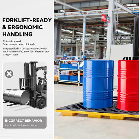 2-Barrel Modular Leach Control Platform Spill Containment With Grating And Forklift Pockets, 48 By 24 By 4 Inches, shown in use