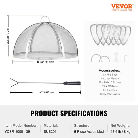 Product specifications showing 36-Inch Fire Pit Spark Screen Lid Round Stainless Steel Fire Ring Cover For Outdoor Pits with accessories.