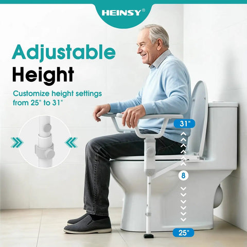 Rock Solid Foldable Toilet Safety Rail For Seniors Crafted From Heavy Duty Aluminum Reinforced With Tough As Nails Carbon Frame Holding Five Hundred Pounds Smooth Bathroom Assist with adjustable height feature