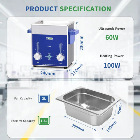 Next Level Dual Frequency Ultrasonic Cleaner With 2 Liter Tank For Jewelry Glasses Watches And Coins Featuring 60 Watt Heating Timer specifications