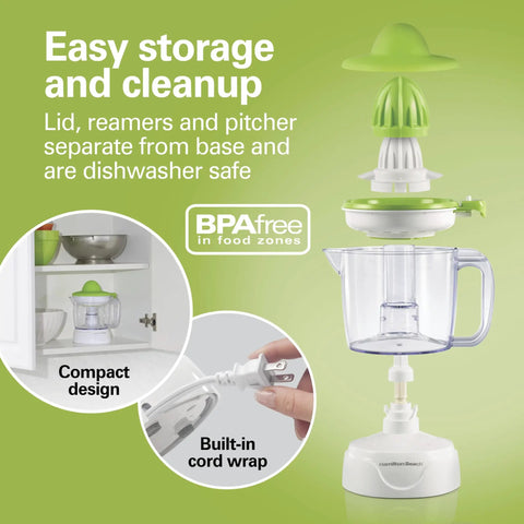 Hamilton Beach 34 Oz Electric Citrus Juicer With Silicone Gripper Lid Easy Press Juice Extraction in compact design, BPA free.