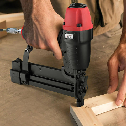 18 Gauge One Quarter Inch Narrow Crown Stapler With Pro Grade No Mar Tip, 360 Degree Exhaust, shown in woodworking use