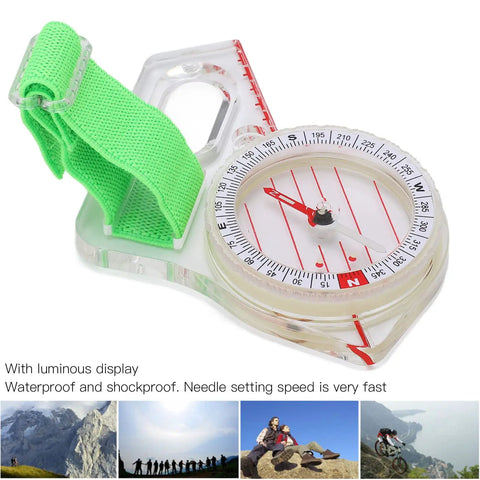 Thumb Orienteering Compass For Outdoor Navigation, Dope Luminous Acrylic Survival Gear With Carrying Loop, shown with green strap