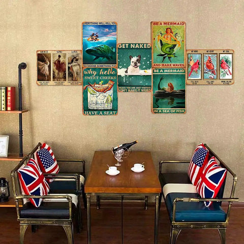 Vintage tin signs on wall above table and chairs, including Warning Tin Sign Do Not Dive Danger Shallow Water Vintage Metal Wall Decor.